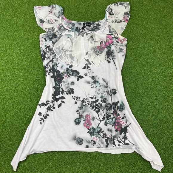 new directions Tops - New Directions Black Floral Ruffle Tunic Top Sz S